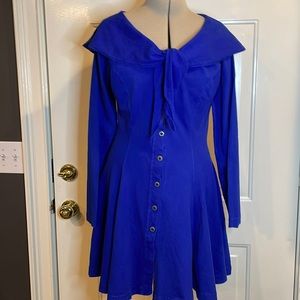 Vintage 80s cotton long sleeve draped collar tie front dress.  Sz S